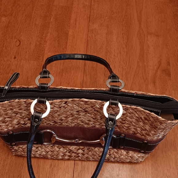 Wicker Tote Bag Brown Black 14" - Picture 5 of 6